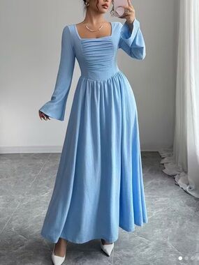 Elegant Light Blue Long Sleeve Maxi Dress - Square Neck